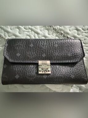 MCM Black Leather Crossbody Clutch with Silver Hardware